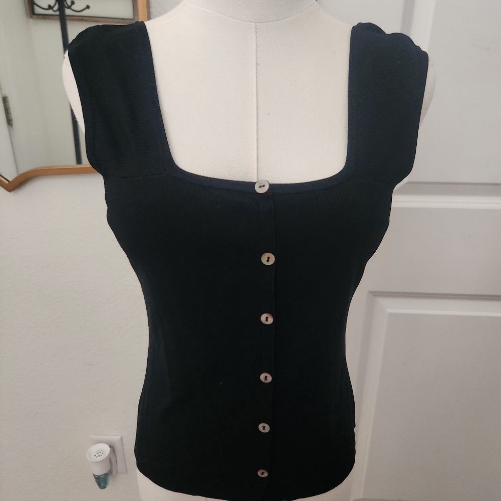 Black Square-Neck Button Front Knit Tank Top